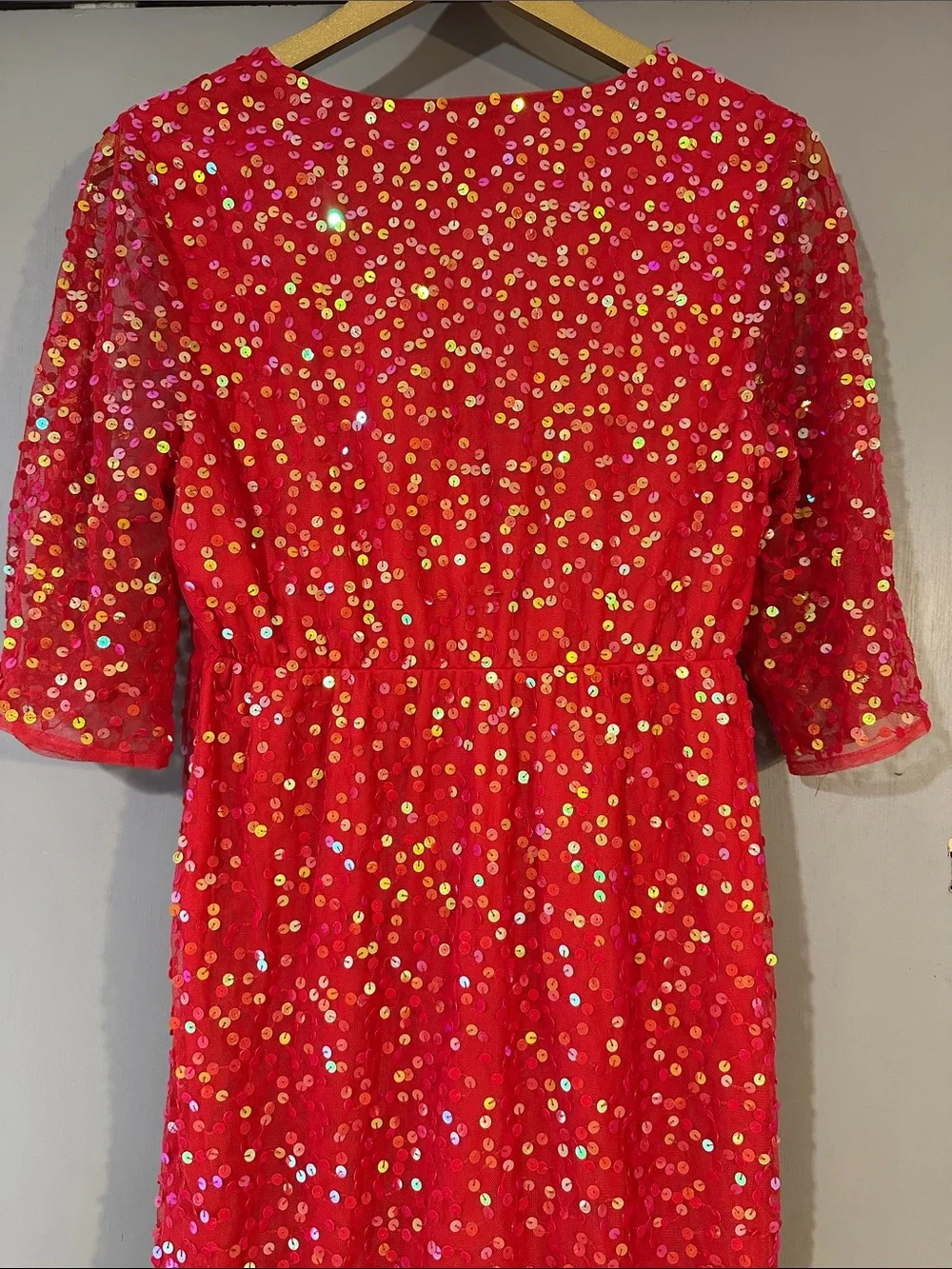 ASOS Red Sequin Midi Dress Size 6 Holiday Party Cocktail Wrap Style - Picture 9 of 10